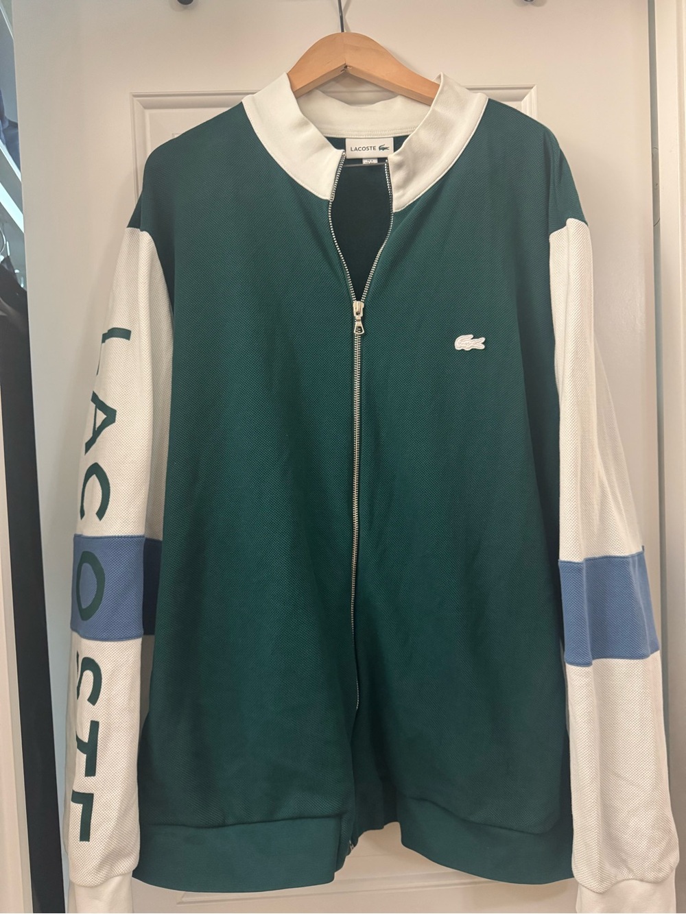 Lacoste Dark Green, White & Light Blue Zip-Front Varsity Jacket